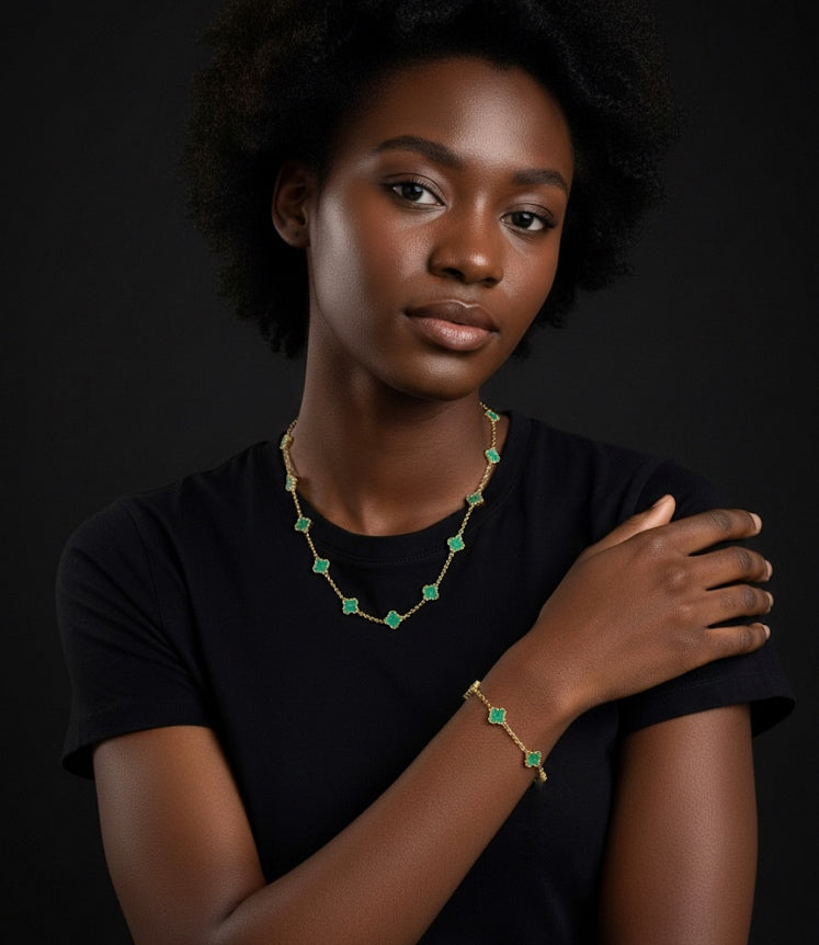 Conjunto de Collar y Pulsera de Trébol- Unisex